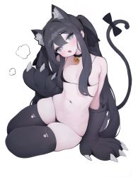 Rule 34 | 1girl, animal ears, animal hands, arm support, bikini, black bikini, black eyes, black gloves, black hair, black thighhighs, breasts, cat ears, cat girl, cat tail, full body, gloves, hair over breasts, hair over one breast, highres, long hair, navel, open mouth, original, paw gloves, rabbit (wlsdnjs950), simple background, sitting, small breasts, stomach, swimsuit, tail, thick thighs, thighhighs, thighs, white background