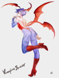Rule 34 | 1girl, animal print, ass, bad id, bad pixiv id, bare back, bare shoulders, bat print, bat wings, blue pantyhose, boots, bridal gauntlets, capcom, copyright name, demon girl, full body, head wings, high heels, iwamoto zerogo, legs, leotard, lilith aensland, looking back, pantyhose, print pantyhose, purple hair, red leotard, shoes, short hair, simple background, solo, standing, standing on one leg, vampire (game), wings