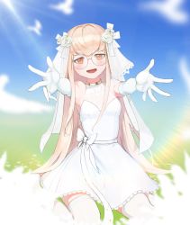 Rule 34 | 1girl, absurdres, bare shoulders, blonde hair, bridal veil, commission, crying, crying with eyes open, dress, elbow gloves, girls&#039; frontline, gloves, highres, kneeling, long hair, open mouth, orange eyes, outstretched arms, psyduck811, round eyewear, short dress, sidelocks, smile, solo, tears, thighhighs, type 80 (girls&#039; frontline), veil, very long hair, wedding dress