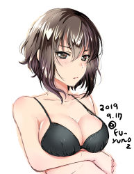Rule 34 | 1girl, bikini, black bikini, blush, breast hold, breasts, brown eyes, brown hair, cleavage, closed mouth, commentary, dated, frown, girls und panzer, highres, looking at viewer, medium breasts, nishizumi maho, one-hour drawing challenge, short hair, simple background, sketch, solo, swimsuit, touma (tsunamiharuru), twitter username, upper body, white background