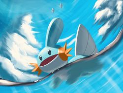 Rule 34 | black eyes, cloud, commentary request, creature, creatures (company), day, fkinoee, game freak, gen 3 pokemon, highres, mudkip, nintendo, no humans, open mouth, outdoors, partially submerged, partially underwater shot, pokemon, pokemon (creature), sky, underwater, water