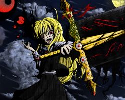 Rule 34 | 1girl, artist request, blonde hair, darkness, embodiment of scarlet devil, ex-rumia, female focus, long hair, red eyes, rumia, solo, sword, touhou, weapon, wings