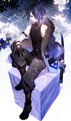 Rule 34 | black footwear, black gloves, black shirt, boots, brown socks, closed mouth, commentary request, covered collarbone, cube, ear piercing, full body, fur-trimmed jacket, fur trim, gloves, hair over one eye, hand on own knee, highres, holding, holding sheath, jacket, juexing (moemoe3345), katana, knee up, long sleeves, original, piercing, puffy long sleeves, puffy sleeves, purple eyes, purple hair, purple jacket, sheath, sheathed, shirt, sitting, sleeveless, sleeveless shirt, smile, socks, solo, sword, weapon