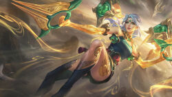 Rule 34 | 1girl, breasts, cleavage, cloud, commentary, detached sleeves, dust, english commentary, fingernails, flying, foot out of frame, green eyes, highres, holding, holding weapon, kai&#039;sa, league of legends, league of legends: wild rift, light particles, long hair, looking ahead, lunar fairy kai&#039;sa, medium breasts, official alternate costume, official alternate hairstyle, official art, parted bangs, parted lips, rock, solo, sunlight, weapon, white hair