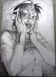 Rule 34 | 1girl, breasts, buttons, commentary request, creepy, graphite (medium), greyscale, hair between eyes, hands on own face, highres, horizontal pupils, horns, horror (theme), kijin seija, looking at viewer, medium breasts, monochrome, multicolored hair, nose, open mouth, photo (medium), pointy ears, ragathol, sharp teeth, short hair, slit pupils, solo, streaked hair, striped horns, teeth, touhou, traditional media, upper body, wide-eyed