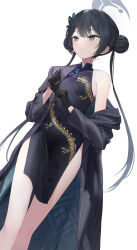 Rule 34 | 1girl, absurdres, adjusting clothes, adjusting gloves, black dress, black gloves, black hair, black jacket, blue archive, breasts, butterfly hair ornament, china dress, chinese clothes, commentary, double bun, dress, gloves, grey eyes, hair bun, hair ornament, halo, highres, jacket, kisaki (blue archive), long hair, long sleeves, looking away, pelvic curtain, simple background, sleeveless, sleeveless dress, small breasts, solo, standing, striped clothes, striped jacket, takealook, thighs, twintails, vertical-striped clothes, vertical-striped jacket, white background