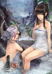 Rule 34 | 2girls, 3girls, arched back, back, bare back, bare shoulders, black hair, blonde hair, breasts, cliff, dimples of venus, dragon, highres, horizon, horns, landscape, long hair, looking at viewer, lord of vermilion, mizore akihiro, monster girl, multicolored hair, multiple girls, naked towel, nude, open mouth, original, partially submerged, pink hair, red eyes, rishia, sideboob, silver hair, sitting, sky, towel, two-tone hair, water, wings