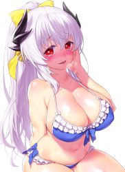 Rule 34 | 1girl, bikini, blue bikini, blush, bow, breasts, cleavage, collarbone, commentary request, curvy, dragon horns, fate/grand order, fate (series), frilled bikini, frills, hair bow, heart, heart-shaped pupils, highres, horns, kiyohime (fate), kiyohime (swimsuit lancer) (third ascension) (fate), large breasts, long hair, looking at viewer, navel, onsoku inu, open mouth, ponytail, red eyes, simple background, sitting, smile, solo, swimsuit, symbol-shaped pupils, white background, yellow bow