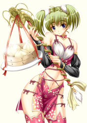 Rule 34 | 1girl, bamboo steamer, baozi, china dress, chinese clothes, dress, food, green hair, shiruko, short hair, solo, thighhighs, twintails