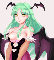 Rule 34 | 1girl, aqua hair, bare shoulders, bat wings, breasts, cleavage, clothing cutout, demon girl, elbow gloves, female focus, from side, gloves, green hair, grey background, head wings, heart, heart cutout, long hair, looking at viewer, low wings, medium breasts, morrigan aensland, neck, pantyhose, parted lips, purple pantyhose, simple background, solo, tanakalma, vampire (game), very long hair, wings, yellow eyes