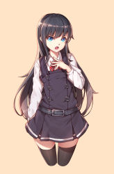 Rule 34 | &gt;:o, 10s, 1girl, :o, arm at side, asashio (kancolle), beige background, belt, belt buckle, black hair, black skirt, black thighhighs, blue eyes, buckle, buttons, collared shirt, cropped legs, hand on own chest, highres, kantai collection, long hair, long sleeves, looking at viewer, neck ribbon, nian (zhanian), open mouth, red ribbon, ribbon, shirt, simple background, skirt, solo, standing, thighhighs, v-shaped eyebrows, very long hair, wing collar, zettai ryouiki