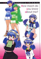 Rule 34 | alternate color, blue hair, english text, engrish text, frown, holding, crossed legs, long hair, long sleeves, looking at viewer, multiple views, os-tan, personification, pleated skirt, ranguage, skirt, socks, sweater, winchan, yellow eyes, yoshizaki mine