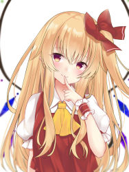 Rule 34 | 1girl, alternate hair length, alternate hairstyle, ascot, blonde hair, blurry, blurry foreground, blush, closed mouth, collared shirt, crystal, depth of field, finger to mouth, flandre scarlet, frilled shirt collar, frilled sleeves, frills, hair ribbon, highres, long hair, looking to the side, no headwear, puffy short sleeves, puffy sleeves, red eyes, red ribbon, red vest, ribbon, shirt, short sleeves, sidelocks, simple background, slit pupils, smile, solo, tosakaoil, touhou, upper body, vest, white background, white shirt, wings, wrist cuffs, yellow ascot