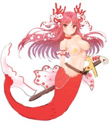 Rule 34 | 1girl, bad id, bad twitter id, clam shell, copyright request, coral, long hair, looking at viewer, mermaid, monster girl, mx2j, navel, pasties, red eyes, red hair, sheath, sheathed, simple background, smile, solo, sword, weapon, white background