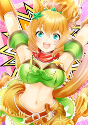 Rule 34 | 1girl, :d, animal ears, aqua eyes, armband, armpits, arms up, bandeau, bare shoulders, belt, blush, breasts, brown belt, chiffon, cleavage, clothes lift, commentary request, detached sleeves, front-tie top, green armband, green skirt, gun, hair between eyes, hair ornament, handgun, highres, holstered, horse ears, large breasts, long hair, looking at viewer, midriff, miniskirt, navel, open mouth, orange hair, ponytail, revolver, short sleeves, skirt, skirt lift, smile, solo, star (symbol), star hair ornament, stomach, taiki shuttle (umamusume), umamusume, upper body, weapon