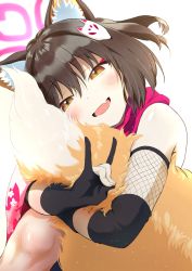 Rule 34 | 1girl, :d, animal ear fluff, animal ears, asymmetrical sleeves, bare shoulders, blue archive, blush, brown hair, eyeshadow, fang, fox ears, fox girl, fox hair ornament, fox shadow puppet, fox tail, gloves, hair between eyes, halo, head tilt, highres, hugging own tail, hugging tail, izuna (blue archive), makeup, mismatched sleeves, nadayui, open mouth, partially fingerless gloves, pink scarf, red eyeshadow, scarf, shiny skin, short hair, skin fang, smile, solo, tail, yellow eyes