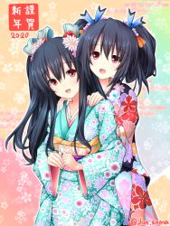 Rule 34 | 2020, 2girls, alternate costume, artist name, black hair, black kimono, breasts, commentary request, floral print, flower, furisode, green kimono, hair between eyes, hair flower, hair ornament, hair ribbon, hair up, hands on another&#039;s shoulders, japanese clothes, joney, kimono, looking at viewer, multiple girls, nengajou, neptune (series), new year, noire (neptunia), obi, open mouth, own hands together, red eyes, ribbon, sash, siblings, sidelocks, sisters, small breasts, smile, uni (neptune series)