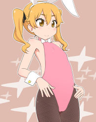 Rule 34 | 1girl, blonde hair, bow, bowtie, eyebrows, fishnet pantyhose, fishnets, flat chest, hikaru (houkago no pleiades), houkago no pleiades, leotard, long hair, pantyhose, playboy bunny, smile, solo, standing, tomboo, twintails, wrist cuffs, yellow eyes