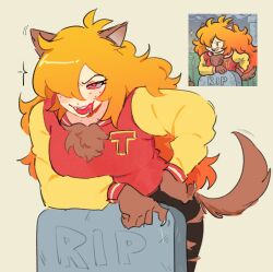 Rule 34 | 1girl, animal ears, animification, black pants, claws, commentary, cowboy shot, english commentary, fake animal ears, fake tail, firemauer, graveyard, hair over one eye, hand on own hip, highres, jacket, letterman jacket, licking lips, long hair, looking at viewer, nerd and jock, orange hair, pants, red eyes, red jacket, reference inset, sharp teeth, solo, tail, teeth, tiger (nerd and jock), tombstone, tongue, tongue out, v-shaped eyebrows, yellow background, yellow sleeves