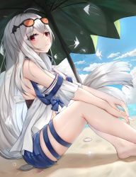 Rule 34 | 1girl, ahoge, arknights, bare shoulders, barefoot, beach umbrella, blue shorts, blue sky, cloud, commentary, day, eyewear on head, feet out of frame, green umbrella, hair ornament, highres, linz (linzimmm), long hair, looking at viewer, navel, no headwear, off-shoulder shirt, off shoulder, official alternate costume, outdoors, red eyes, shadow, shirt, short shorts, short sleeves, shorts, silver hair, sitting, skadi (arknights), skadi (waverider) (arknights), sky, solo, sunglasses, thigh strap, thighs, umbrella, very long hair, whale hair ornament, white shirt