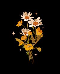 Rule 34 | black background, bouquet, buttercup (flower), commentary, daisy, english commentary, flower, flower focus, highres, leaf, libbyframe, no humans, original, plant, signature, simple background, sparkle, still life, white flower, yellow flower