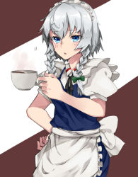 Rule 34 | 1girl, aasu (mhgbh510), apron, black ribbon, blue dress, blue eyes, blush, bow, braid, brown background, commentary request, cowboy shot, cup, dress, frilled apron, frills, green bow, hair between eyes, hair bow, hand on own hip, holding, holding cup, izayoi sakuya, looking at viewer, maid, maid apron, maid headdress, neck ribbon, parted lips, puffy short sleeves, puffy sleeves, ribbon, shirt, short hair, short sleeves, silver hair, solo, standing, teacup, touhou, twin braids, two-tone background, waist apron, white apron, white background, white shirt