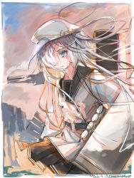 Rule 34 | 1girl, absurdres, belt, black skirt, blue eyes, border, closed mouth, dated, flat cap, hair over one eye, hammer and sickle, hat, hibiki (kancolle), highres, kantai collection, long hair, long sleeves, nagasawa tougo, outdoors, pleated skirt, rigging, silver hair, skirt, sky, solo, star (symbol), twitter username, verniy (kancolle), white hat