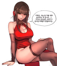 Rule 34 | 1girl, arm support, bare shoulders, black panties, black thighhighs, blunt bangs, breasts, bridal gauntlets, brown hair, china dress, chinese clothes, cleavage, cleavage cutout, clothing cutout, collarbone, commentary, crossed legs, dress, dsr-50 (girls&#039; frontline), dsr-50 (red peony) (girls&#039; frontline), flower, girls&#039; frontline, hair flower, hair ornament, half-closed eyes, hand on leg, hand on own thigh, highres, korean text, lace, lace-trimmed legwear, lace trim, large breasts, long hair, looking at viewer, nail polish, official alternate costume, panties, parted lips, red dress, red eyes, revision, side slit, sidelocks, simple background, sitting, solo, studs, sungwon, thighhighs, thighs, translation request, underwear, white background
