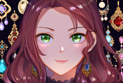 Rule 34 | 1girl, blue gemstone, brown hair, close-up, closed mouth, dorothea arnault, earrings, fire emblem, fire emblem: three houses, gem, green eyes, highres, jewelry, kh (tanakananataka), long hair, looking at viewer, nintendo, smile, solo
