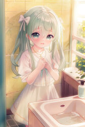 Rule 34 | 1girl, absurdres, bow, child, cross, cross necklace, crying, dress, green bow, green eyes, green hair, highres, jewelry, kinoshita ringo (ryve5758), necklace, restroom, shiro seijo to kuro bokushi, sunlight, tearing up, twintails, white dress