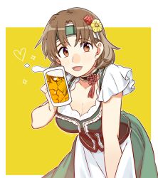 Rule 34 | 1girl, alcohol, alternate costume, beer, beer mug, blush, breasts, brown eyes, brown hair, chiyoda (kancolle), cleavage, commentary, cup, dirndl, flower, foam, german clothes, hair flower, hair ornament, headband, heart, holding, holding cup, kantai collection, large breasts, looking at viewer, mug, parted lips, red flower, sagamiso, short hair, short sleeves, simple background, solo, sparkle, symbol-only commentary, tassel, two-tone background, yellow flower