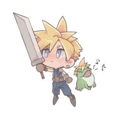 Rule 34 | 1boy, arm up, armor, blonde hair, blue eyes, boots, brown footwear, brown gloves, buster sword, chibi, cloud strife, earrings, final fantasy, final fantasy vii, frog, full body, gloves, holding, holding weapon, huge weapon, jewelry, musical note, shoulder armor, spiked hair, standing, tasituma2, weapon, white background
