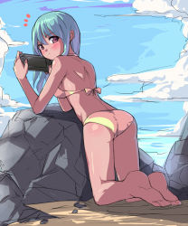 Rule 34 | 1girl, arm support, ass, barefoot, beach, bikini, blue hair, blush, breasts, cloud, day, frown, green hair, handheld game console, kneeling, long hair, looking back, original, playstation portable, playstation vita, red eyes, rock, saiste, sideboob, sketch, sky, solo, swimsuit, trefoil