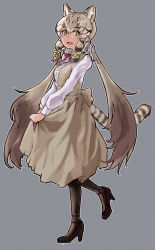 Rule 34 | 1girl, absurdres, alternate costume, animal ears, black footwear, black pantyhose, blonde hair, bow, bowtie, brown hair, casual, cat ears, cat girl, cat tail, center frills, dress, extra ears, frills, full body, geoffroy&#039;s cat (kemono friends), grey dress, hair bow, high heels, highres, kemono friends, long dress, long hair, long sleeves, multicolored hair, pantyhose, red bow, red bowtie, sidelocks, solo, tail, toriny, twintails, white sleeves, yellow eyes