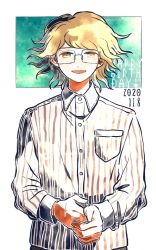 Rule 34 | 1boy, :d, breast pocket, collared shirt, commentary request, cowboy shot, danganronpa (series), danganronpa another episode: ultra despair girls, dated, dress shirt, fujisaki taichi, glasses, green background, happy birthday, kiri (2htkz), long sleeves, looking at viewer, male focus, open mouth, own hands together, pocket, rimless eyewear, shirt, smile, solo, striped, upper body, white background