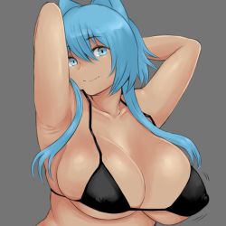 Rule 34 | 1girl, armpits, arms behind head, arms up, bikini, bikini top only, blue eyes, blue hair, breasts, cleavage, curvy, covered erect nipples, large breasts, long hair, looking at viewer, original, plump, smile, solo, soranona (soranosuke), swimsuit, upper body