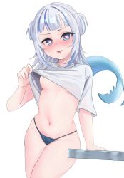 Rule 34 | 1girl, alternate costume, bikini, bikini bottom only, blue eyes, blush, breasts, clothes lift, commentary, english commentary, fins, fish tail, gawr gura, head tilt, heart, heart-shaped pupils, highres, hololive, hololive english, leaning on table, long hair, looking at viewer, multicolored hair, navel, rimu (user akkm3425), shark girl, shark tail, shirt, shirt lift, simple background, small breasts, solo, stomach, streaked hair, sweat, swimsuit, symbol-shaped pupils, t-shirt, tail, thighs, tongue, tongue out, two side up, underboob, virtual youtuber, white background, white shirt