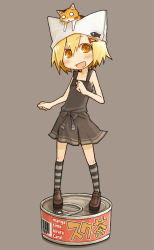 Rule 34 | 1girl, :d, animal, animal hat, animal on head, blonde hair, blush, can, cat, cat on head, dennou usagi, happy, hat, kneehighs, on head, open mouth, short hair, smile, socks, solo, striped clothes, striped socks, yellow eyes