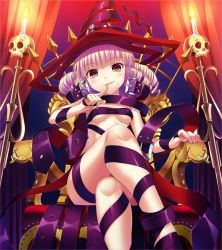 Rule 34 | 1girl, belt, blonde hair, blunt bangs, blush, breasts, candle, cosmos veronica shimere, crossed legs, drill hair, game cg, hat, highres, long hair, looking at viewer, majo veronica, saitou tsukasa, sitting, skull, small breasts, smile, solo, underboob, witch, witch hat