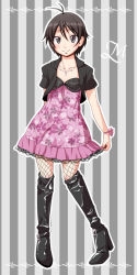 Rule 34 | 1girl, black hair, blush, boots, idolmaster, idolmaster (classic), kikuchi makoto, natsumi akira, short hair, smile, solo, striped, striped background, vertical stripes