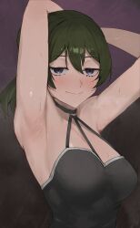 Rule 34 | 1girl, absurdres, amog, armpits, arms behind head, black choker, black dress, breasts, choker, closed mouth, commentary request, dress, green hair, hair between eyes, halterneck, highres, large breasts, long hair, looking at viewer, presenting armpit, purple eyes, seductive gaze, seductive smile, side ponytail, simple background, sleeveless, sleeveless dress, smile, solo, sousou no frieren, sweat, ubel (sousou no frieren), upper body