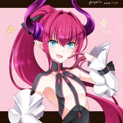 Rule 34 | 1girl, :d, black dress, blue eyes, blush, breasts, collarbone, commentary request, curled horns, dated, detached sleeves, dragon horns, dress, elizabeth bathory (fate), elizabeth bathory (fate/extra ccc), elizabeth bathory (first ascension) (fate), fate/extra, fate/extra ccc, fate (series), finger to mouth, hair between eyes, hair intakes, hand up, heart, hebitsukai-san, highres, horns, long hair, long sleeves, looking at viewer, open mouth, pointy ears, ponytail, purple hair, sidelocks, small breasts, smile, solo, star (symbol), twitter username, upper body, very long hair, white sleeves