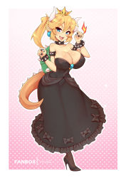 Rule 34 | 1girl, armlet, artist name, bare shoulders, between breasts, black bow, black collar, black dress, black leotard, blonde hair, blue eyes, bow, bowsette, bracelet, breasts, breath weapon, breathing fire, brooch, claw pose, cleavage, collar, collarbone, commission, covered erect nipples, crown, curvy, dress, earrings, fingernails, fire, frilled dress, frills, full body, gender request, genderswap, hands up, high heels, horns, jewelry, large breasts, leotard, looking at viewer, mario (series), new super mario bros. u deluxe, nintendo, open mouth, pointy ears, pumps, sharp fingernails, sharp teeth, shoes, skirt, solo, spiked armlet, spiked bracelet, spiked collar, spiked shell, spiked tail, spikes, stiletto heels, strapless, strapless dress, strapless leotard, super crown, tail, teeth, tongue, tongue out, transformation, turtle shell, virus-g, wide hips