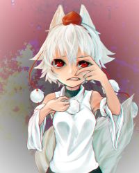 Rule 34 | 1girl, albino, animal ears, chromatic aberration, clenched teeth, detached sleeves, hat, highres, hofuriko, inubashiri momiji, long sleeves, looking up, pom pom (clothes), red eyes, shirt, short hair, solo, string, tail, teeth, tokin hat, touhou, turtleneck, upper body, white hair, wide sleeves, wolf ears, wolf tail
