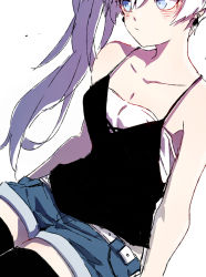 Rule 34 | 1girl, :/, bare shoulders, black shirt, black thighhighs, blue eyes, blue shorts, closed mouth, collarbone, earrings, esu (transc), jewelry, long hair, rwby, scar, scar across eye, scar on face, shirt, shorts, side ponytail, simple background, sitting, solo, tank top, thighhighs, thighs, weiss schnee, white background, white hair, zettai ryouiki