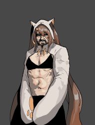 Rule 34 | 1boy, abs, animal hands, beard, black bra, black eyes, black hair, black skirt, borrowed character, bra, chyan 9, closed mouth, cowboy shot, facial hair, gloves, gogalking, grey background, highres, long hair, long sleeves, male focus, manly, mustache, navel, original, paw gloves, shrug (clothing), simple background, skirt, solo, standing, twintails, underwear, very long hair