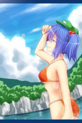 Rule 34 | 1girl, arm up, bikini, blue eyes, blue hair, breasts, cloud, day, female focus, from side, hair bobbles, hair ornament, hat, kawashiro nitori, large breasts, lens flare, letterboxed, looking up, matching hair/eyes, orange bikini, profile, shading eyes, sky, smile, solo, swimsuit, touhou, twintails, two side up, umarutsufuri, underboob, water