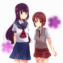 Rule 34 | 2girls, arms behind head, blue sailor collar, blue sky, blunt bangs, blurry, blurry background, blush stickers, breasts, brown eyes, brown hair, brown sweater vest, bungaku shoujo (danshi koukousei), clenched hands, closed mouth, commentary, cowboy shot, danshi koukousei no nichijou, dress shirt, expressionless, flower, hair between eyes, hair ornament, hairclip, height difference, light blush, long hair, looking at viewer, momonkii, multiple girls, neckerchief, necktie, plaid, plaid skirt, pleated skirt, purple eyes, purple flower, purple hair, red neckerchief, red necktie, red skirt, ringo-chan (danshi koukousei), sailor collar, school uniform, serafuku, shirt, short hair, short sleeves, side-by-side, skirt, sky, small breasts, smile, sweater vest, very long hair, white background, white shirt