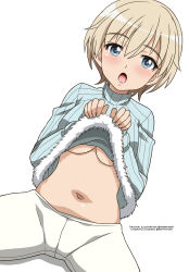 Rule 34 | 1girl, absurdres, blonde hair, blue eyes, blue sweater, blush, brave witches, breasts, clothes lift, highres, josephscrand, large breasts, lifting own clothes, looking at viewer, navel, nikka edvardine katajainen, no bra, open mouth, pantyhose, short hair, simple background, solo, sweater, sweater lift, underboob, white background, white pantyhose, world witches series