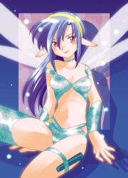 Rule 34 | 1girl, artist request, blue background, blue hair, blue shirt, blue shorts, blue thighhighs, blush, breasts, character request, choker, cleavage, collarbone, fairy, fairy wings, hairband, long hair, looking at viewer, medium breasts, midriff, navel, pointy ears, red eyes, shirt, short shorts, shorts, single thighhigh, sitting, sleeveless, sleeveless shirt, smile, thigh strap, thighhighs, wings